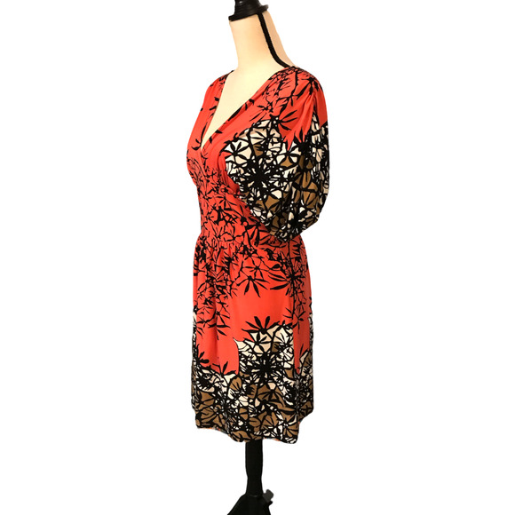 Joy Joy Orange, Black, White, Tan Floral Knee Length Dress, Size Medium - Picture 2 of 7